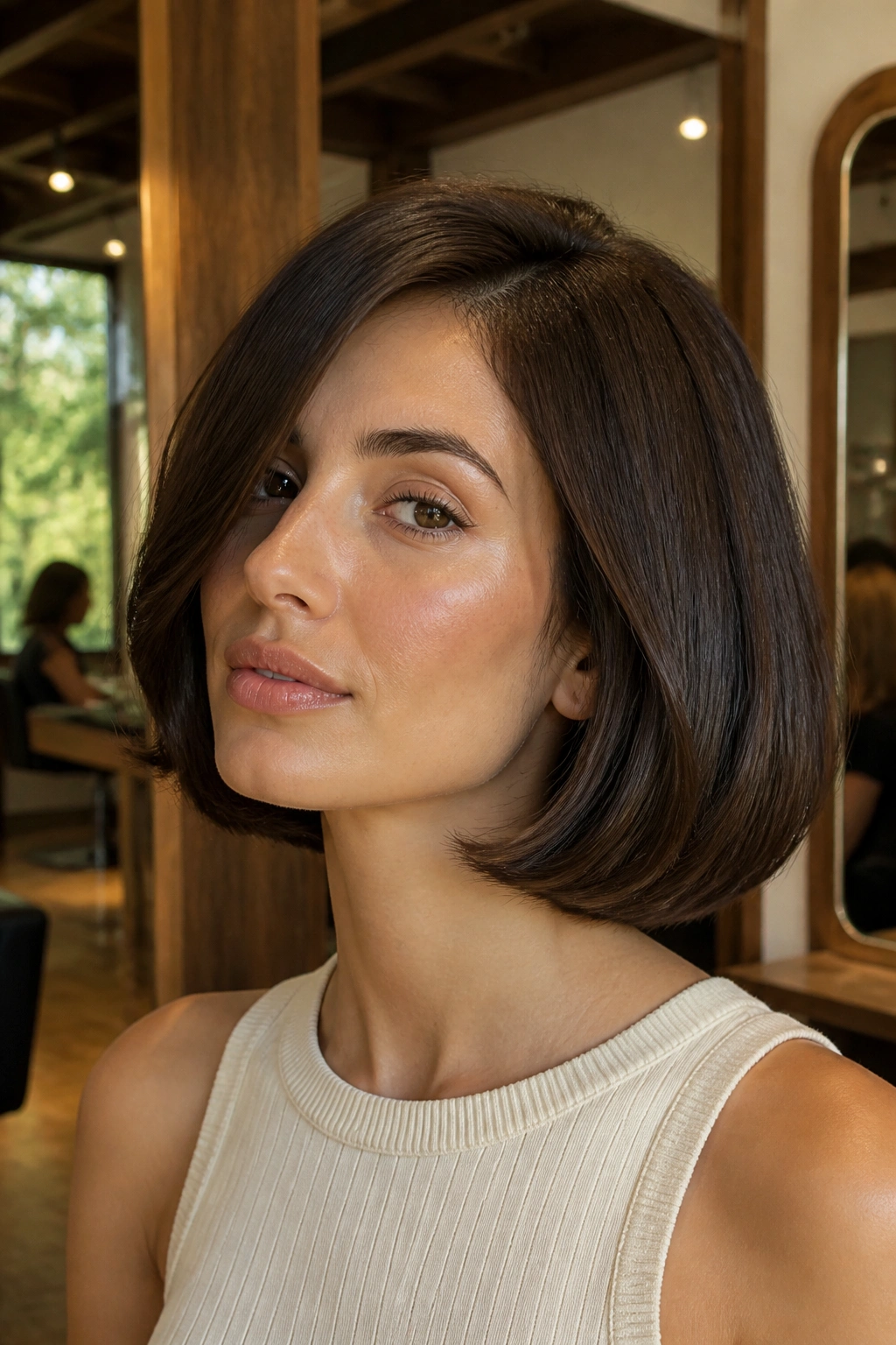 Close-up portrait of a real woman with a glossy Italian bob