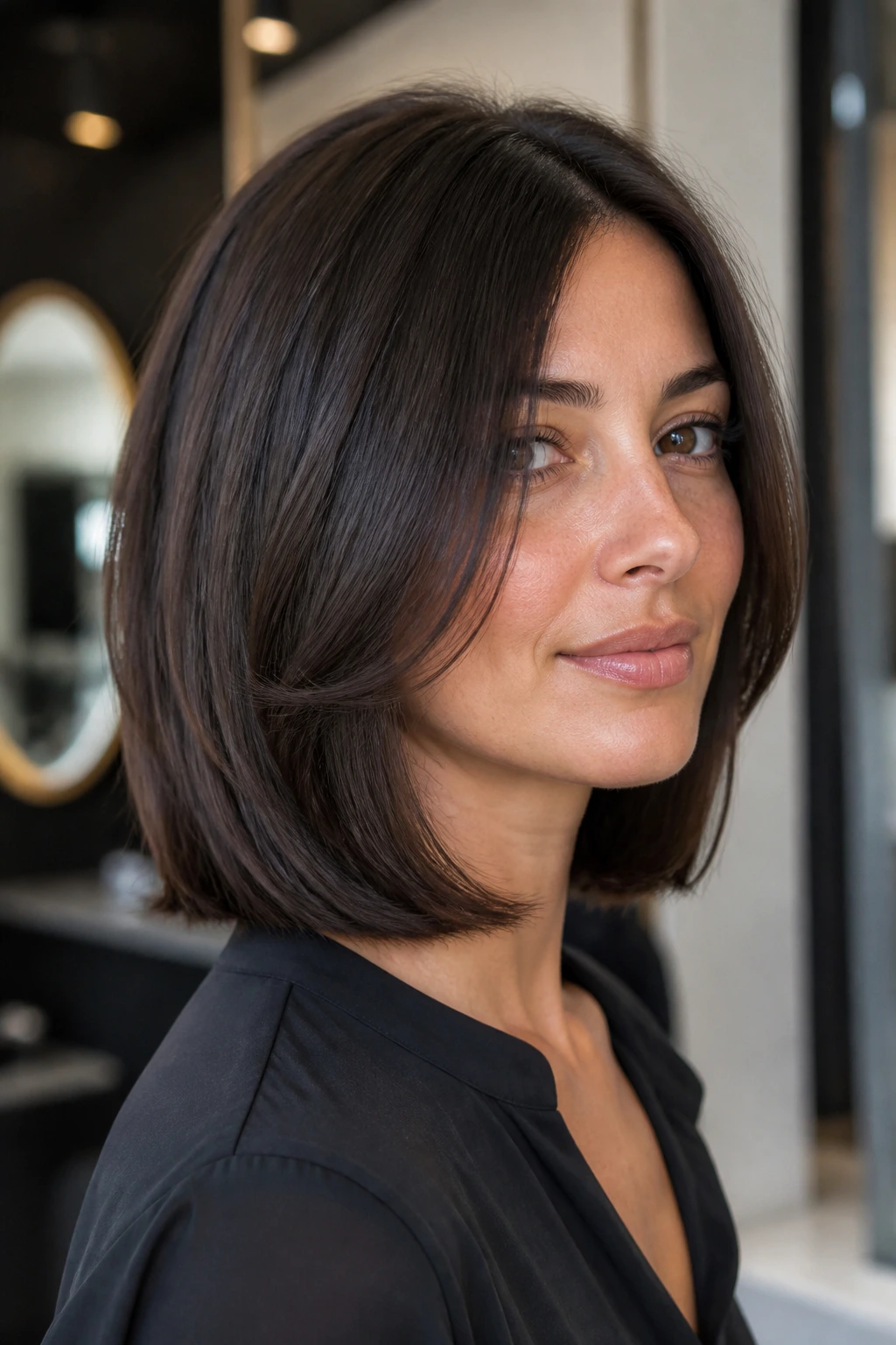 Close-up of a real woman with a glossy layered lob and a clean perimeter, hair shiny and smooth