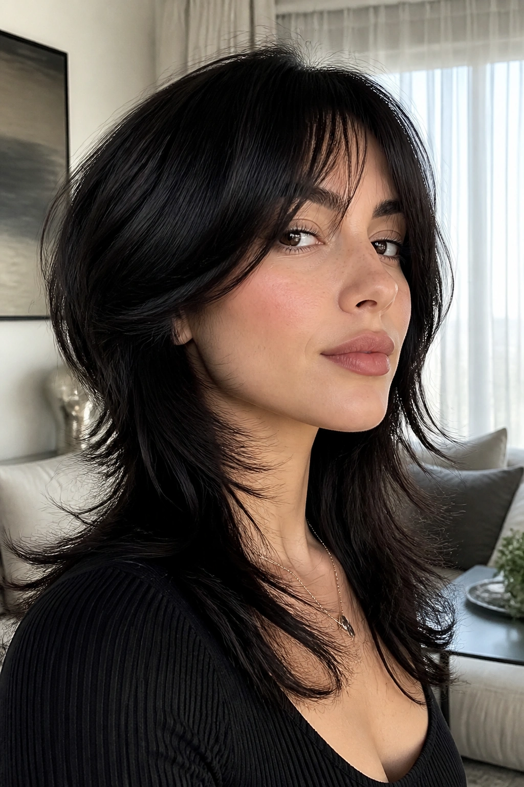 Close-up portrait of a real person with glossy layered wolf cut and curtain bangs.