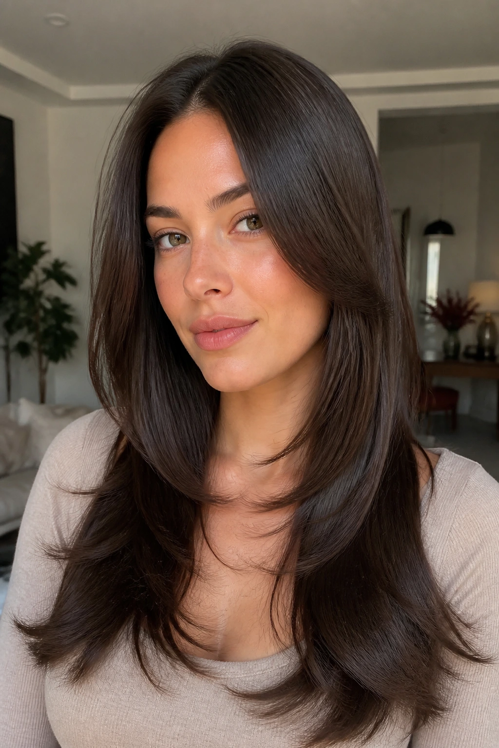 Close-up portrait of a real woman with glossy long shag for sleek blowouts