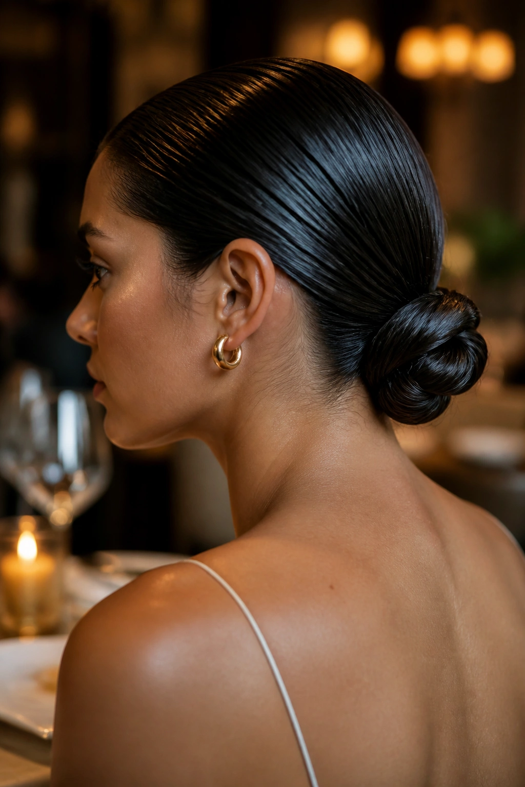 Close-up of a real person with a glossy low chignon in warm-lit setting