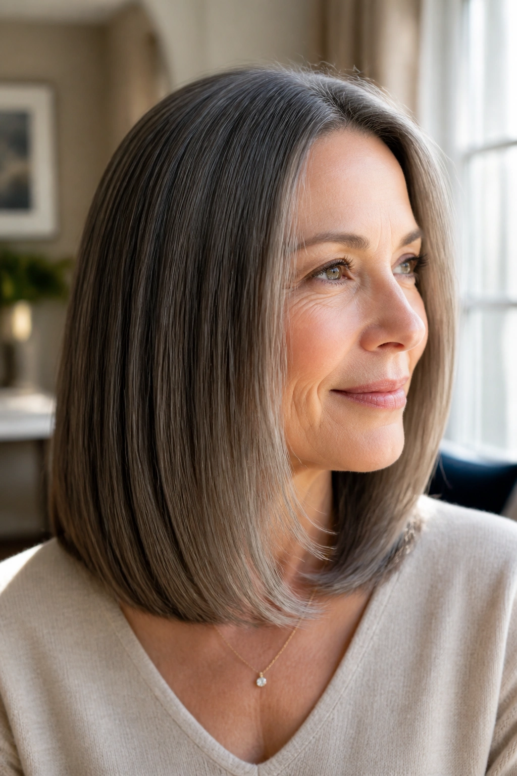 Portrait of a woman with glossy mid-length straight hair and micro-layers in natural window light