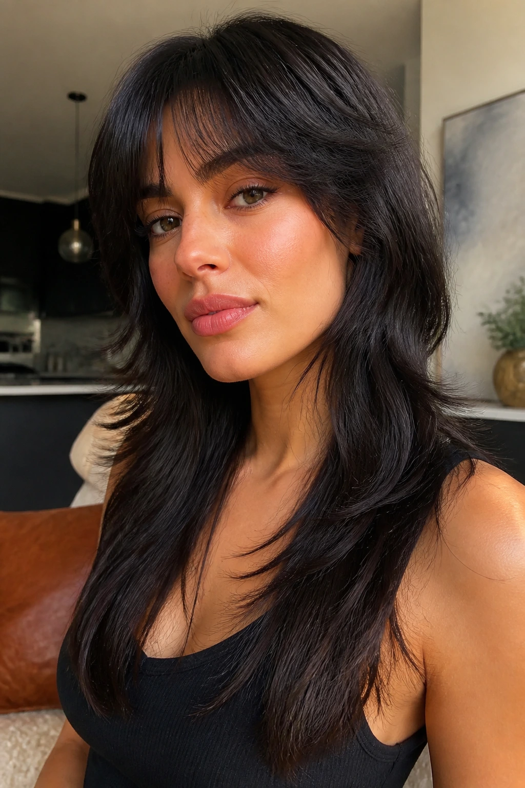 Close-up portrait of a real woman with glossy long mullet and tapered ends, thick hair