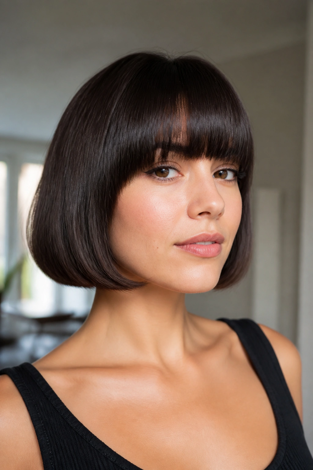 Real woman with glossy polished French bob and heavy fringe