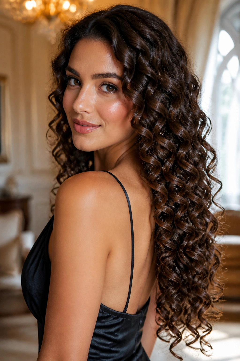 Woman with glossy spiral curls along long hair.