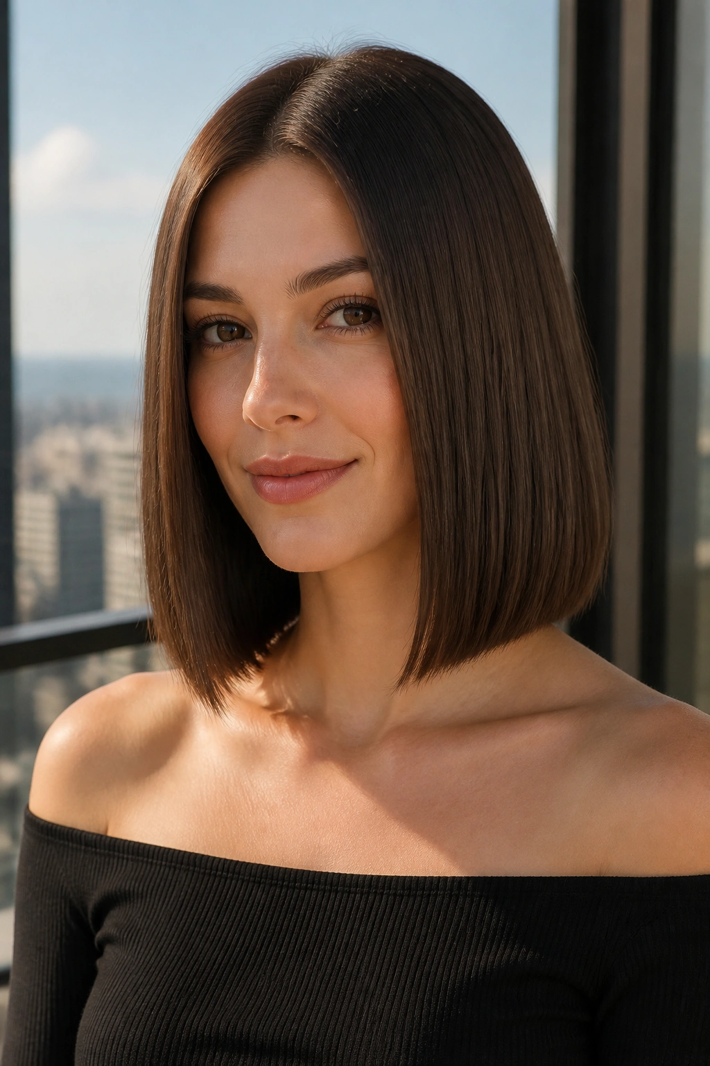 Portrait of a real woman with a glossy straight collarbone-length bob