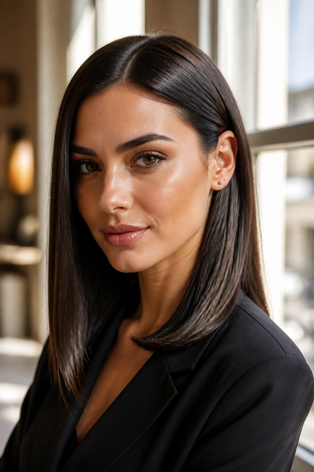 Close-up of a real woman with glossy straight hair and ear tuck