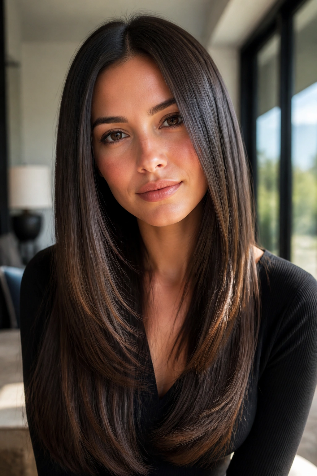 Close-up portrait of a real woman with Glossy Straight Layers, sleek and polished