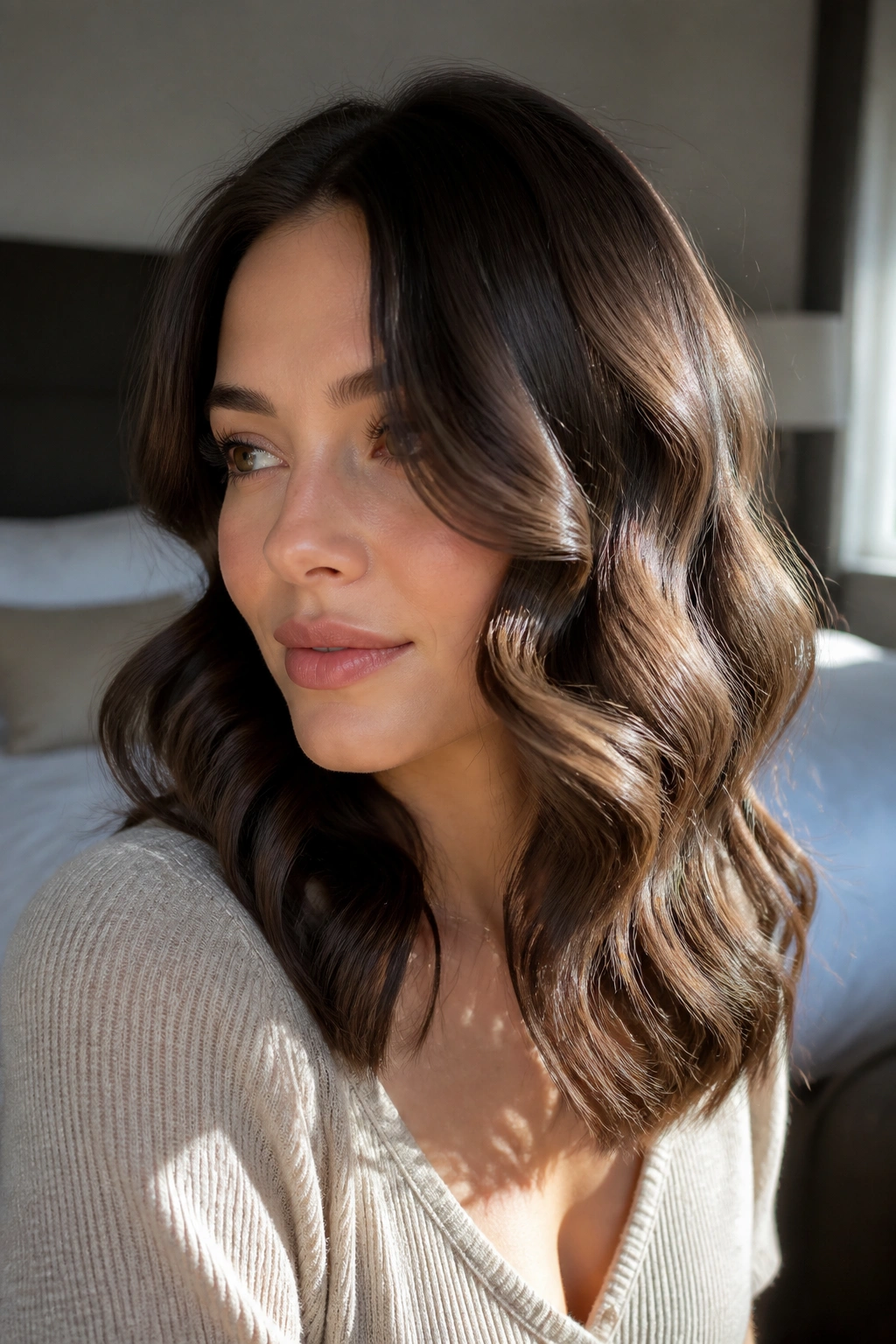 Close-up of a woman with glossy S-bend waves in medium-length hair