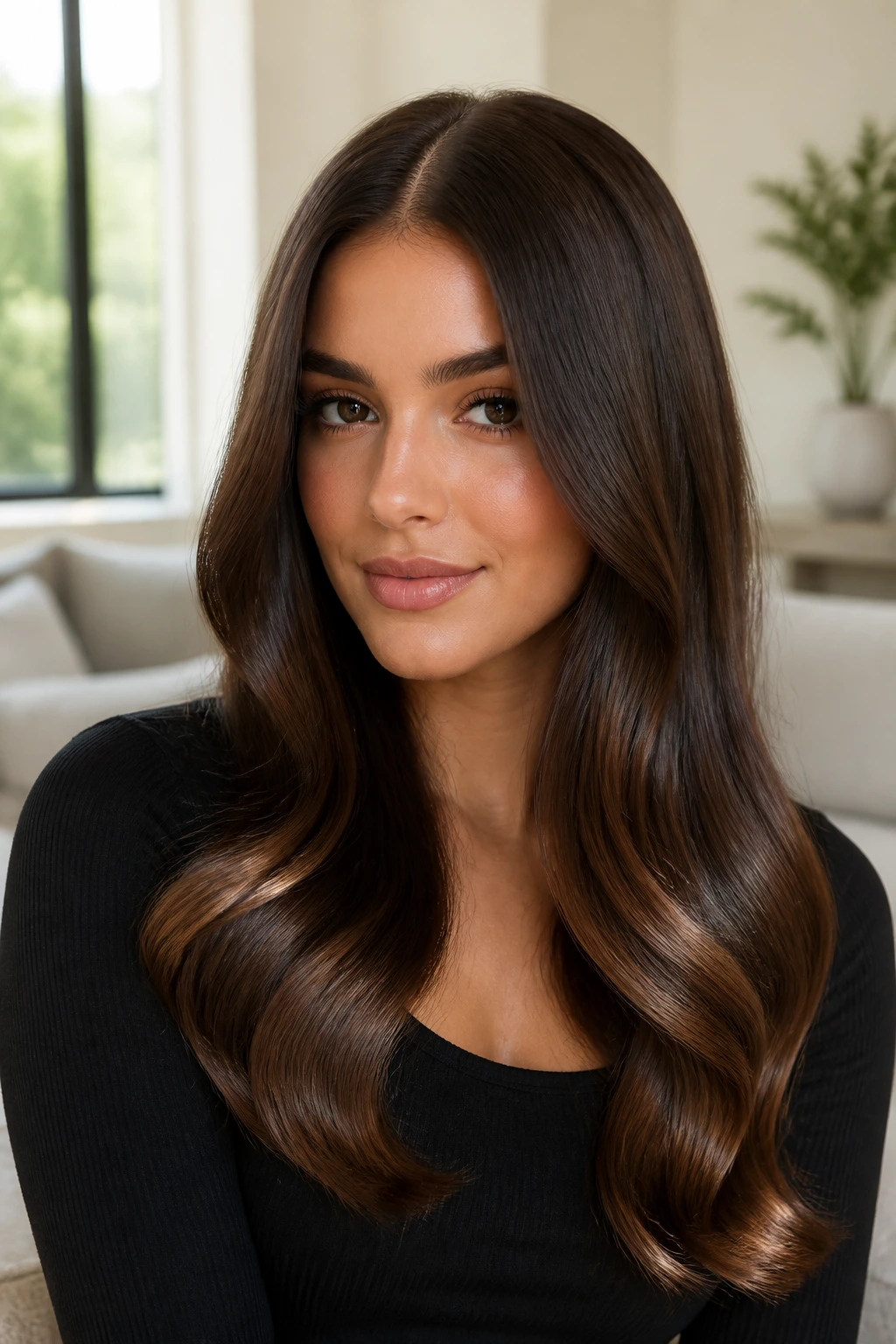 Portrait of a woman with glossy waves and smooth ends in bright home lighting