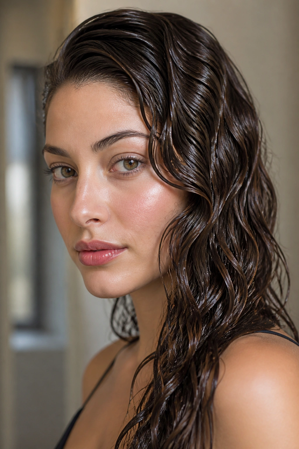 Close-up of real woman with glossy wet-look waves and side part