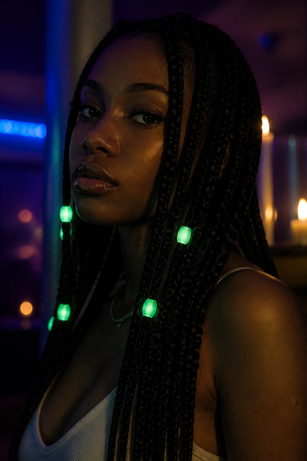 Close-up of real person with glow-in-the-dark beads on box braids in dim light.