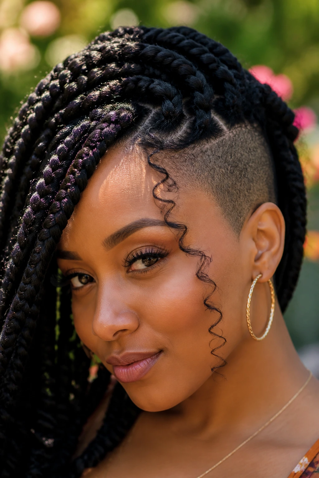 Close-up portrait of a real person with goddess box braids and shaved sides