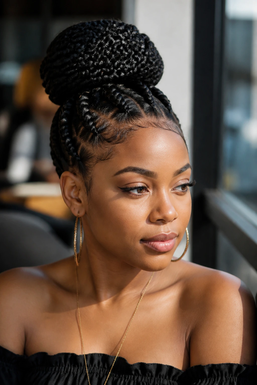 Real woman with goddess braid bun in a daylight-lit cafe setting