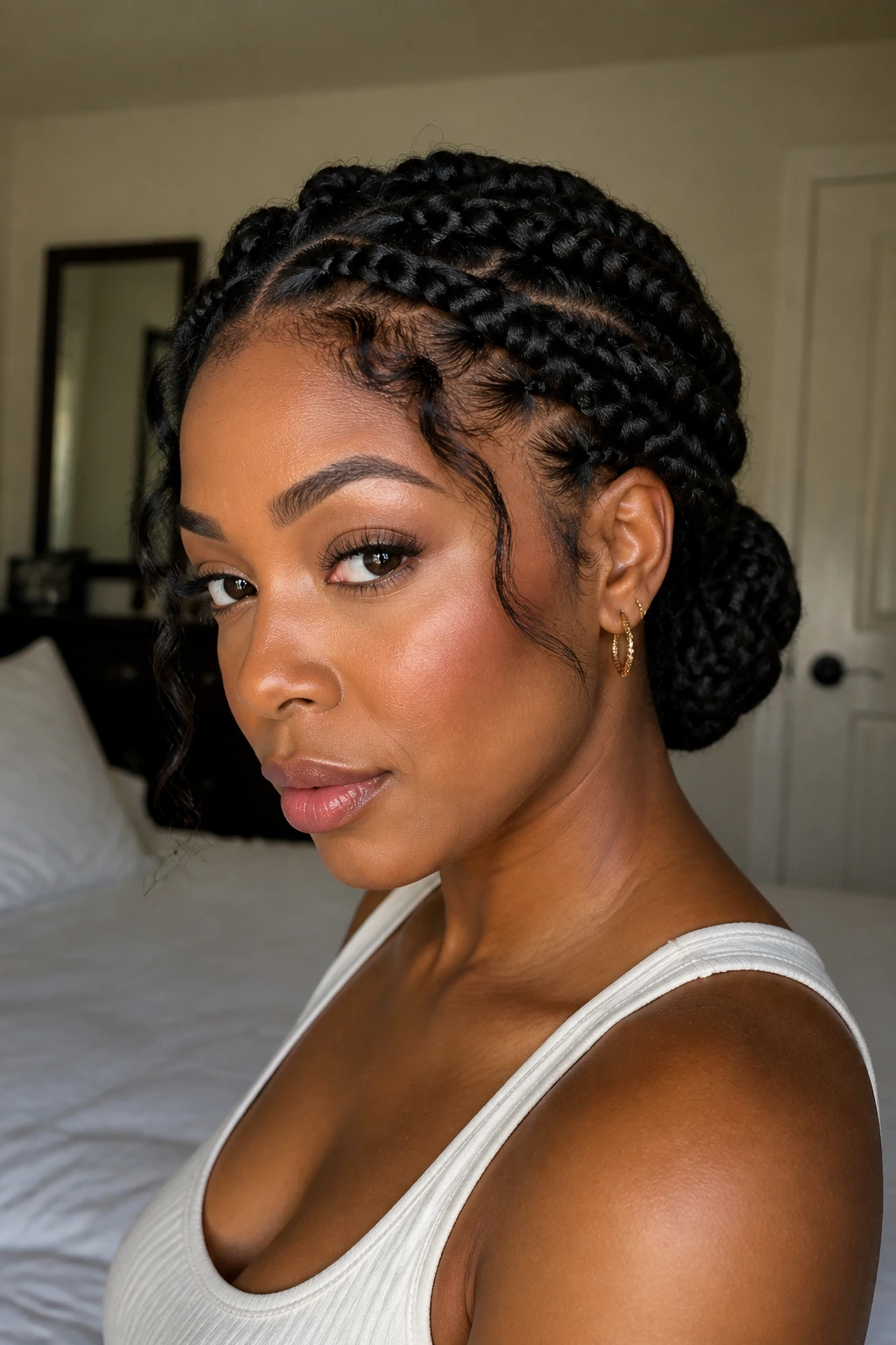 Close-up of a real woman with a goddess braid bun at the nape.