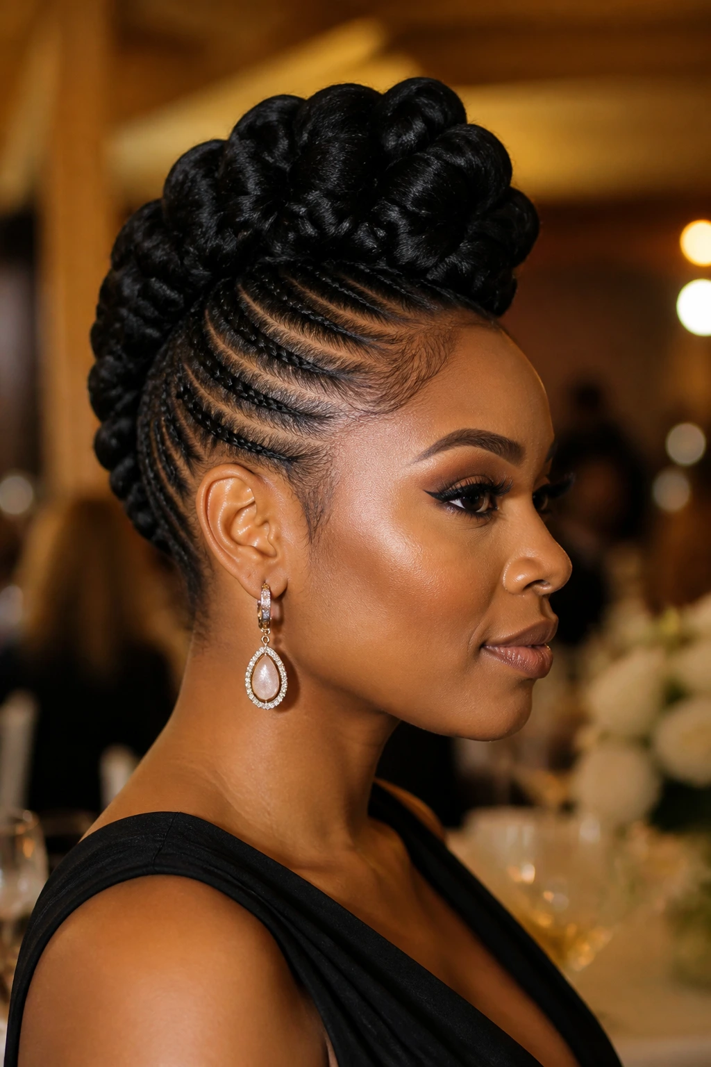 Portrait of a real woman with a goddess braid mohawk updo and a centered ridge.