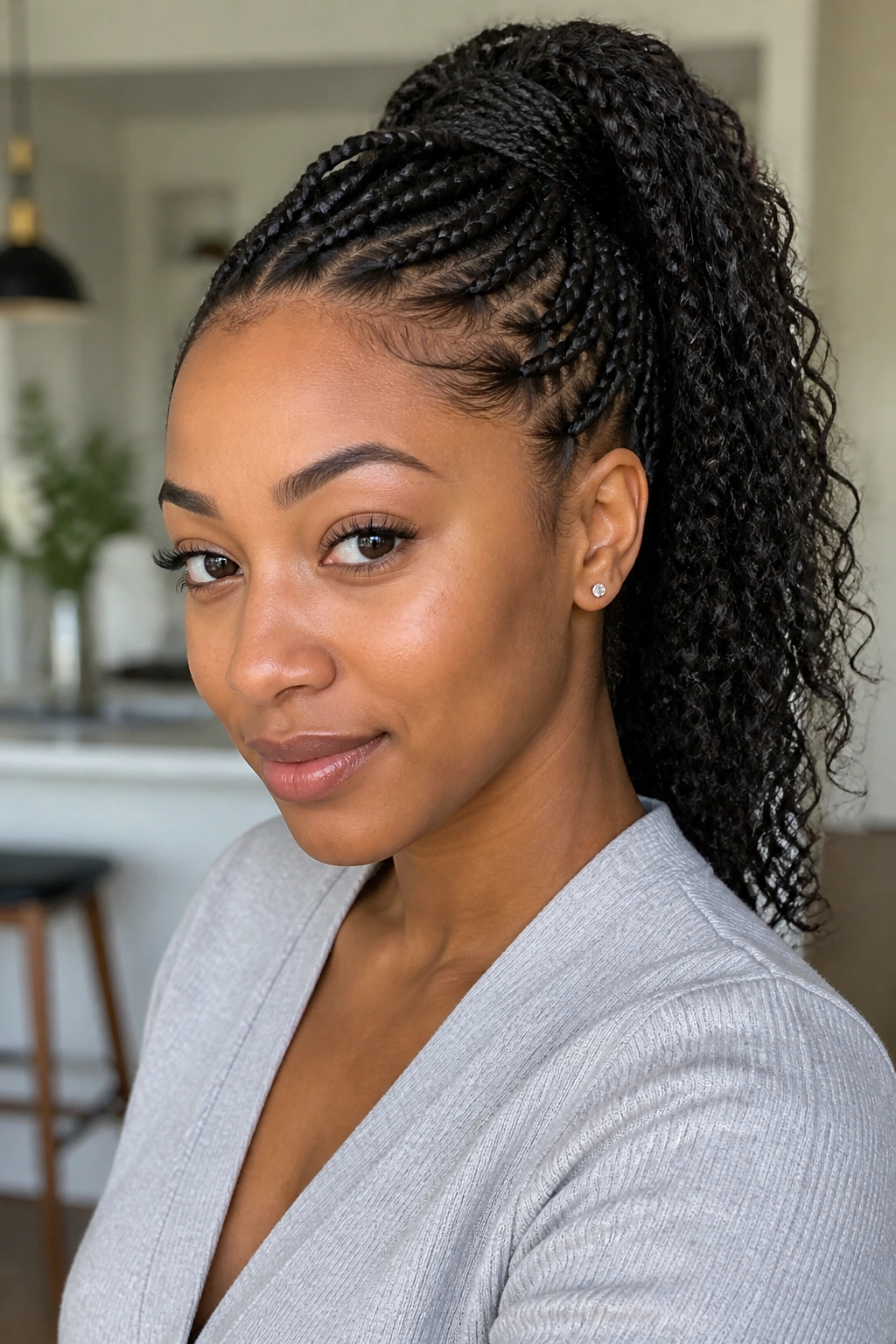 Close portrait of a real woman with Goddess Braid Ponytail for Busy Days