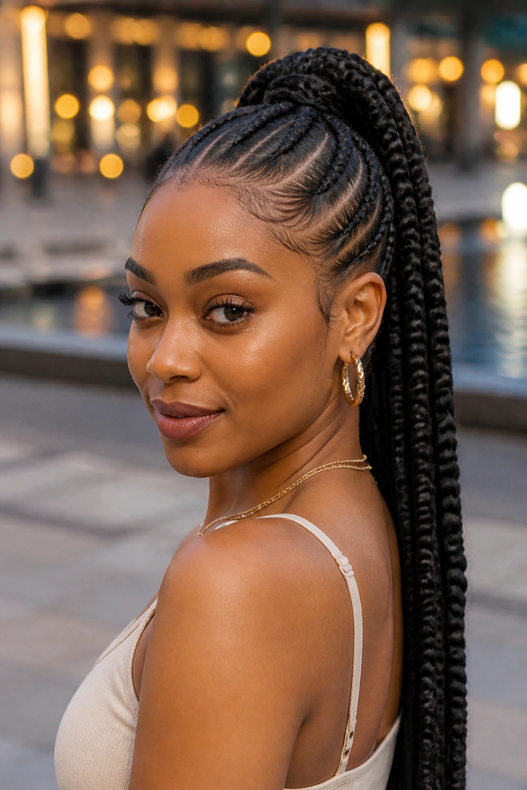 Portrait of a real woman with a high goddess braid ponytail in an urban plaza at dusk