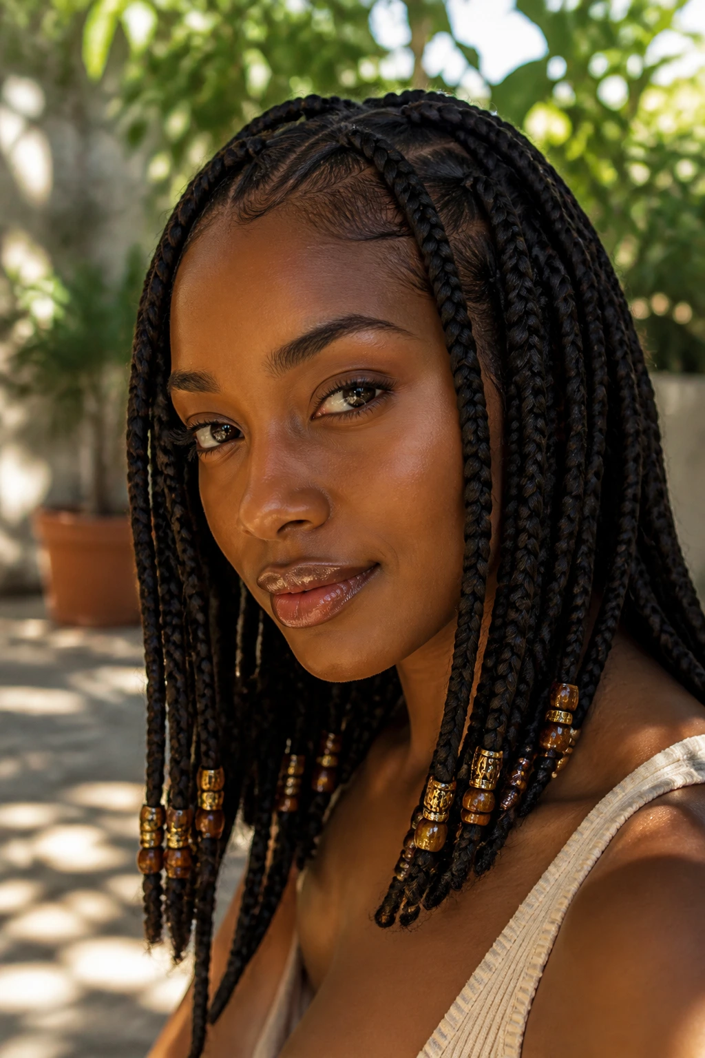 Close-up of a real woman with goddess braids adorned with beads.