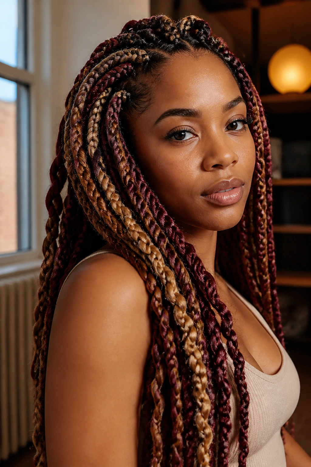 Close-up of a real woman with burgundy and honey-colored goddess braids catching warm indoor light.