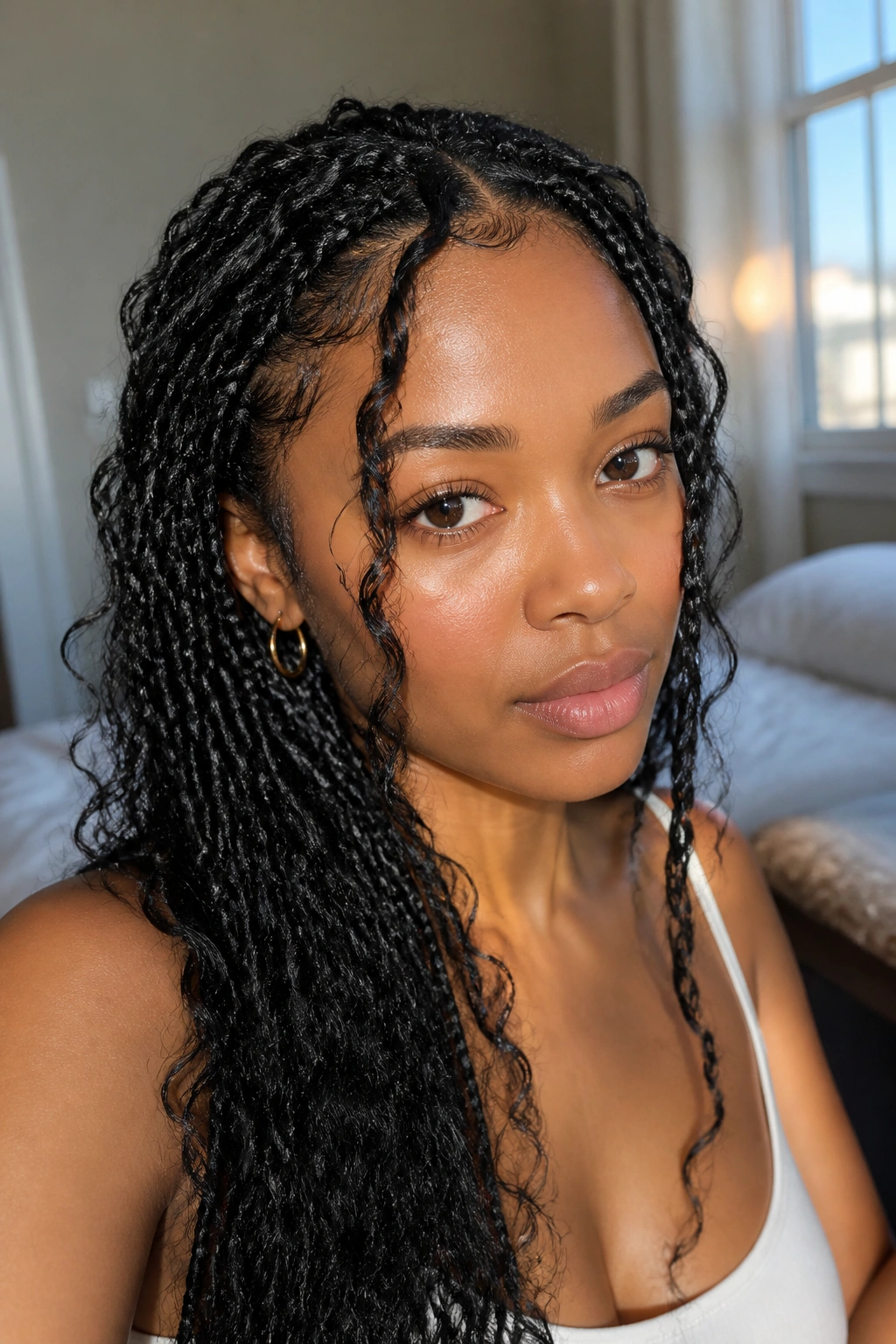 Close-up of a woman with small goddess braids and curled face-framing pieces