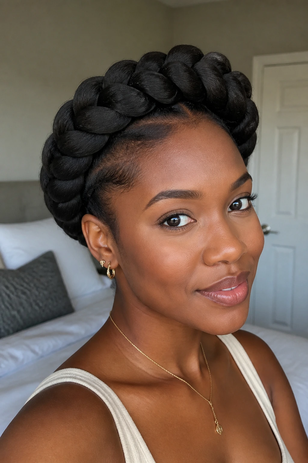 Close-up portrait of a real woman with jumbo goddess braids forming a crown