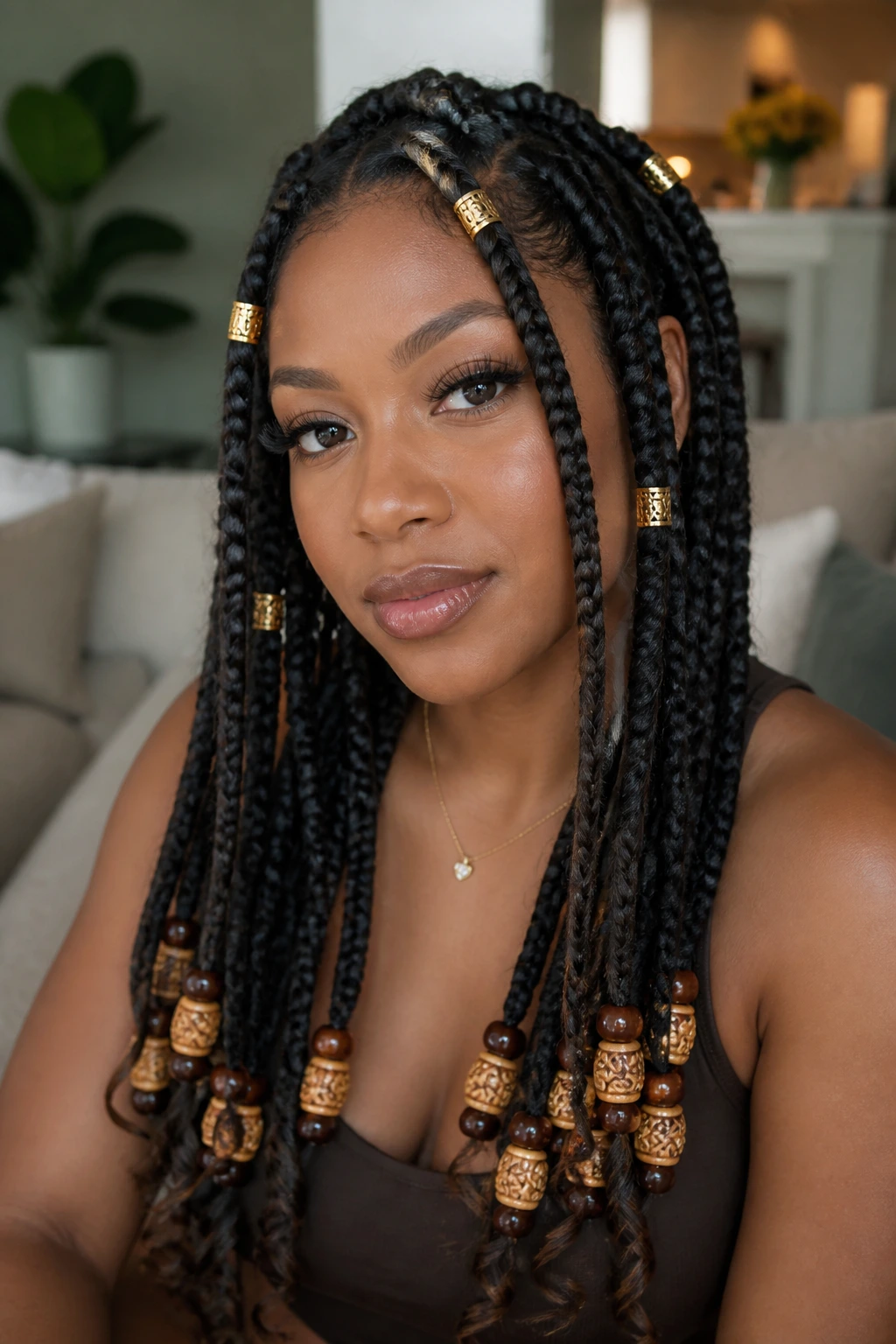 Close-up of a real woman with goddess braids adorned with cuffs and beads along the ends.