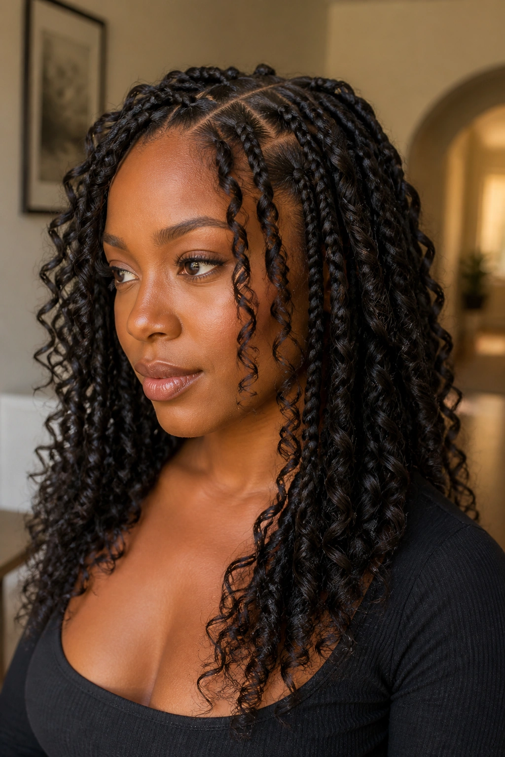 Real Black woman with goddess braids and curly ends in warm interior lighting