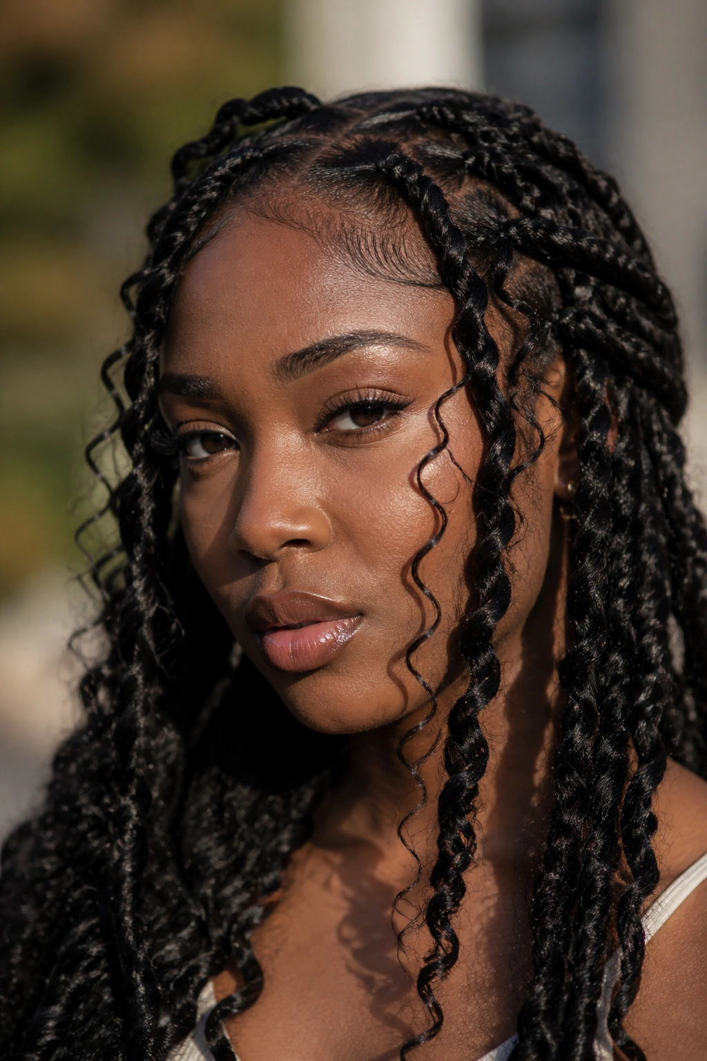 Real woman with goddess braids and curly pieces around the face and shoulders.