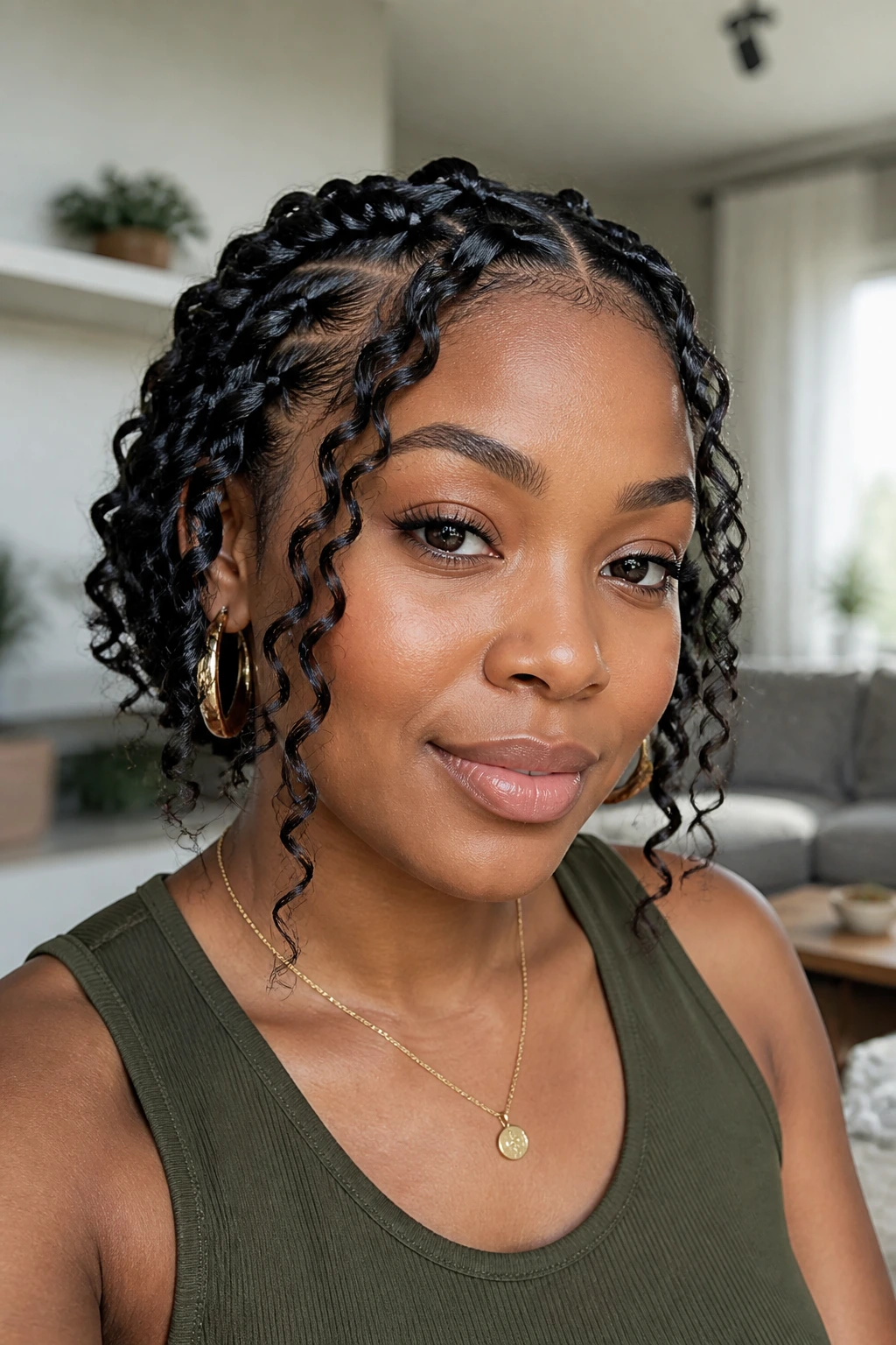 Close-up of goddess braids with curly pieces on a real woman in a sunlit living room