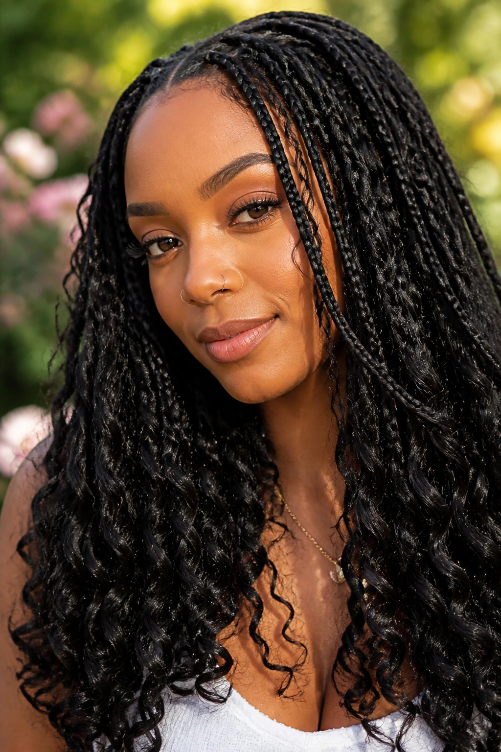 Real woman with goddess braids and curly ends in sunlit setting