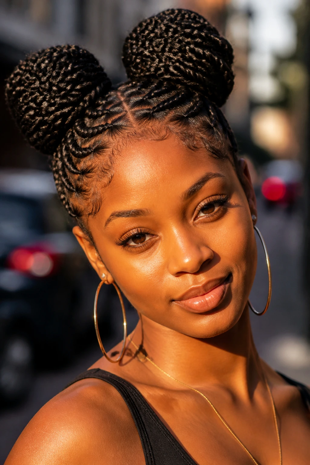 Close-up of a real woman with two high buns made from goddess braids.