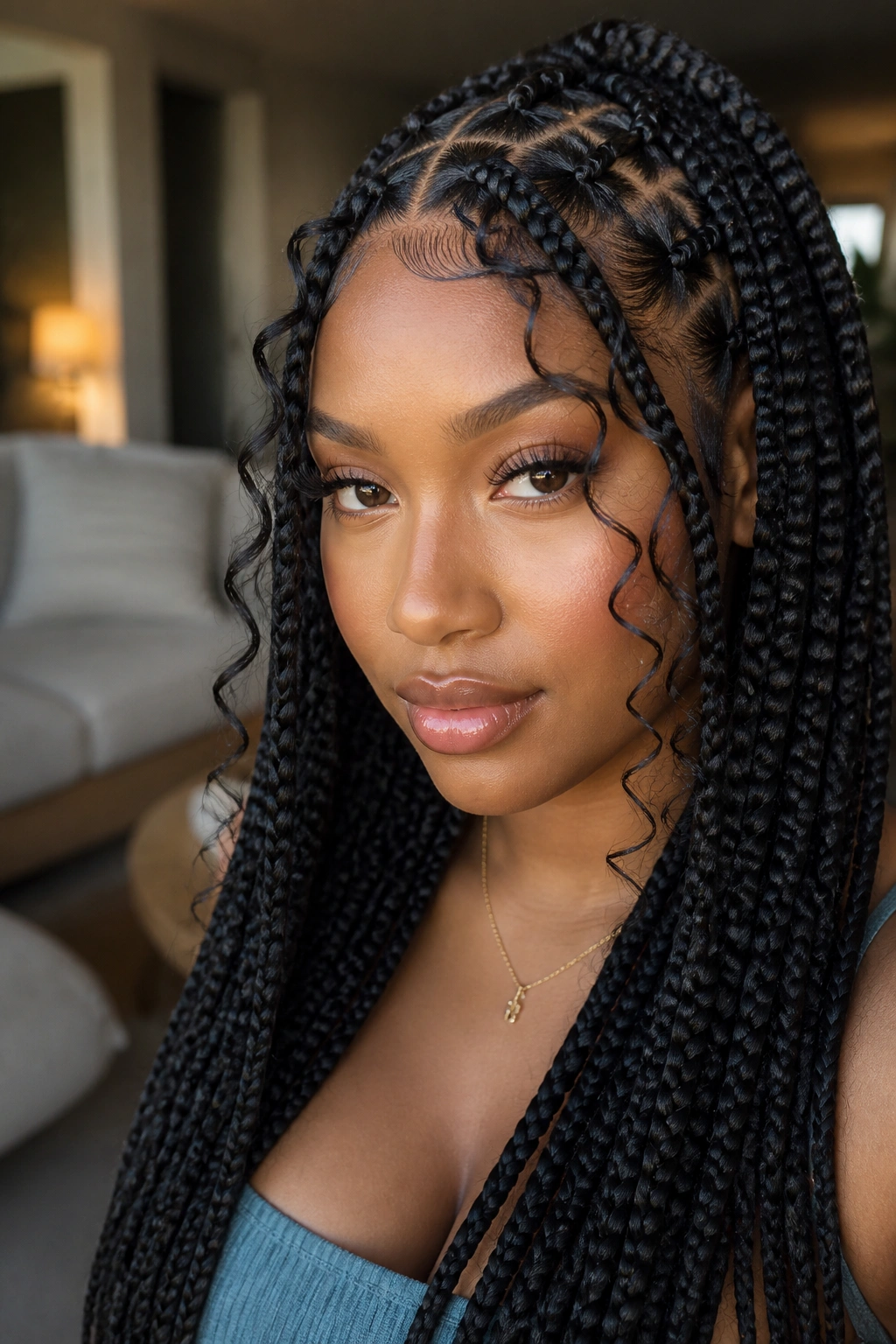 Close-up of a real woman with goddess box braids and face-framing curls at the temples