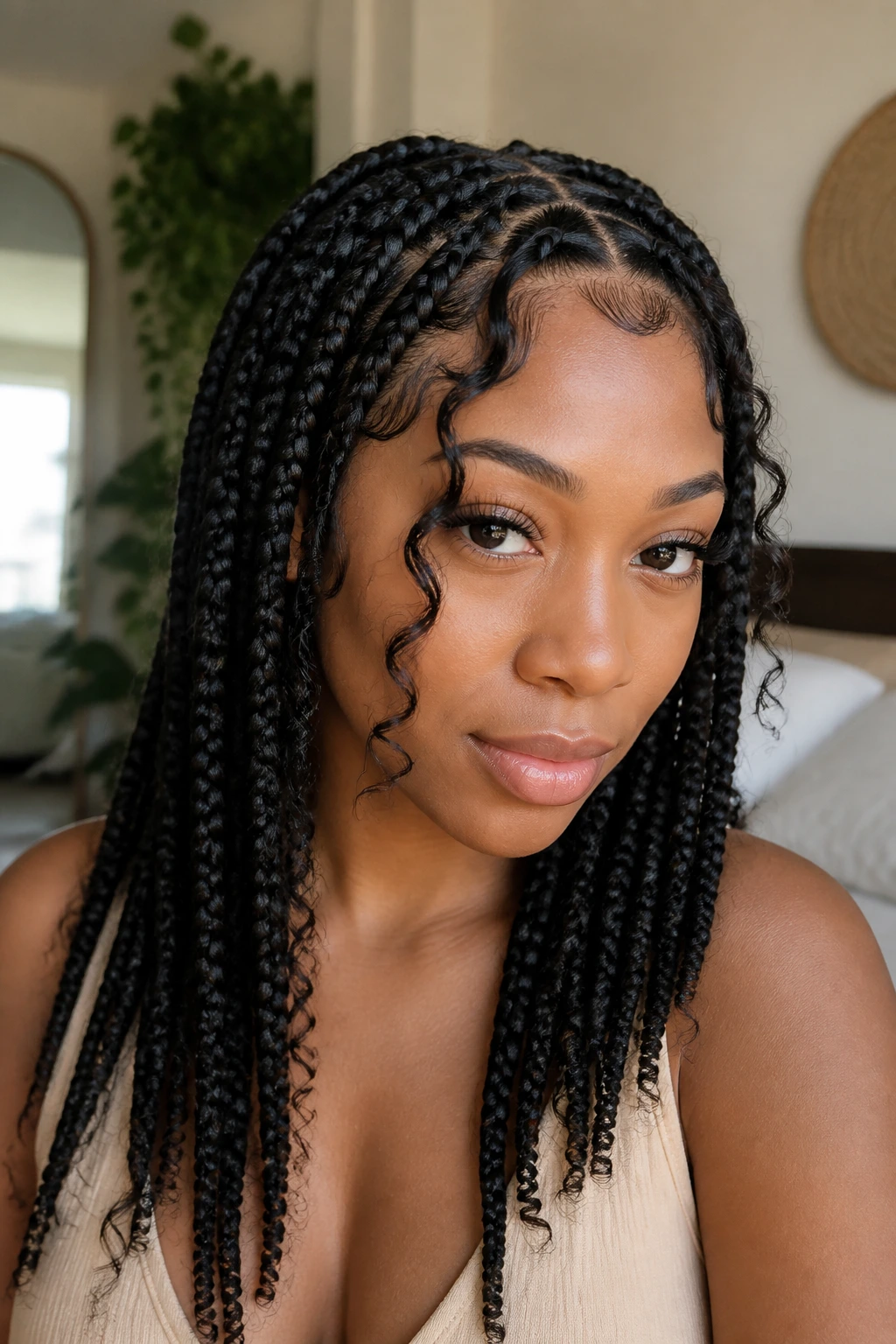 Close-up of a real woman with medium goddess braids and face-framing curls by a window