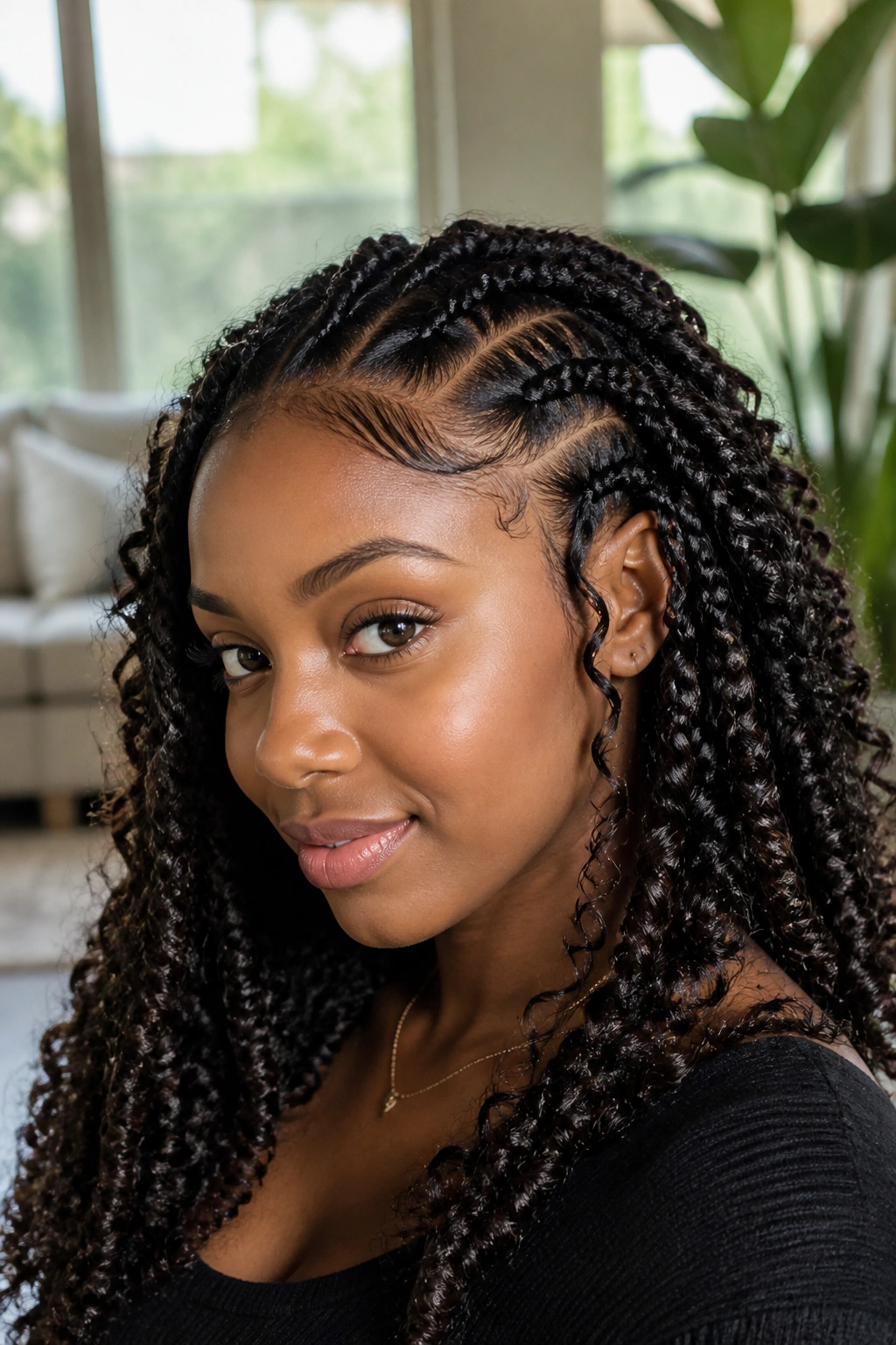 Close-up portrait of a real woman with goddess braids and soft curls