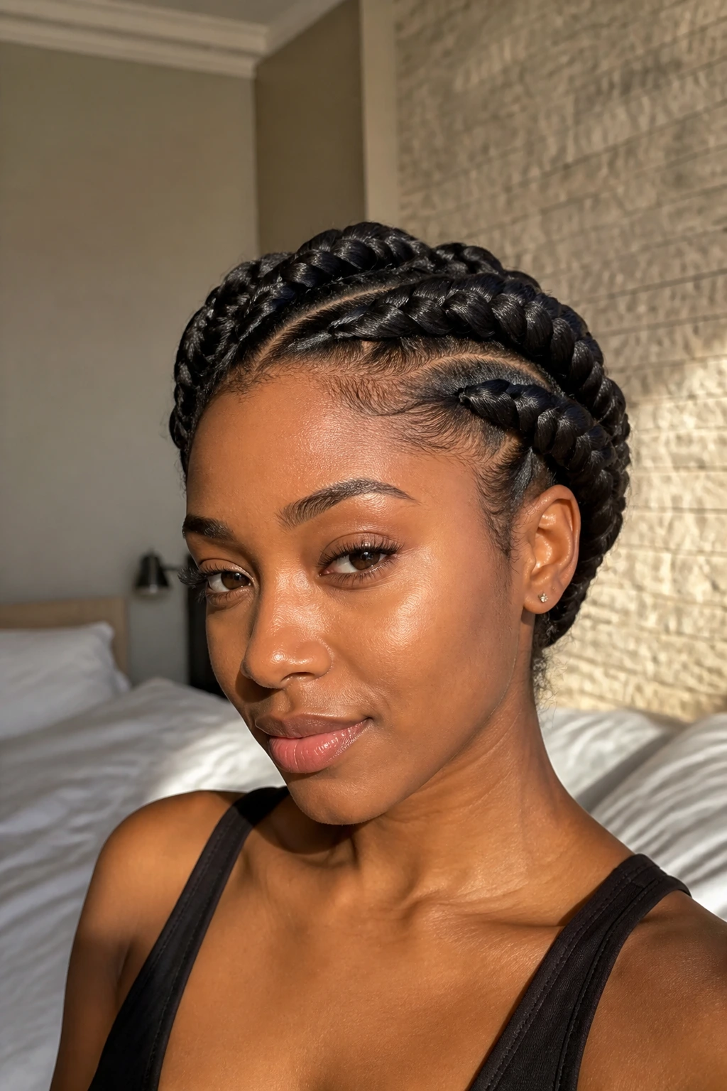 Close-up of a real woman with jumbo goddess braids framing the head
