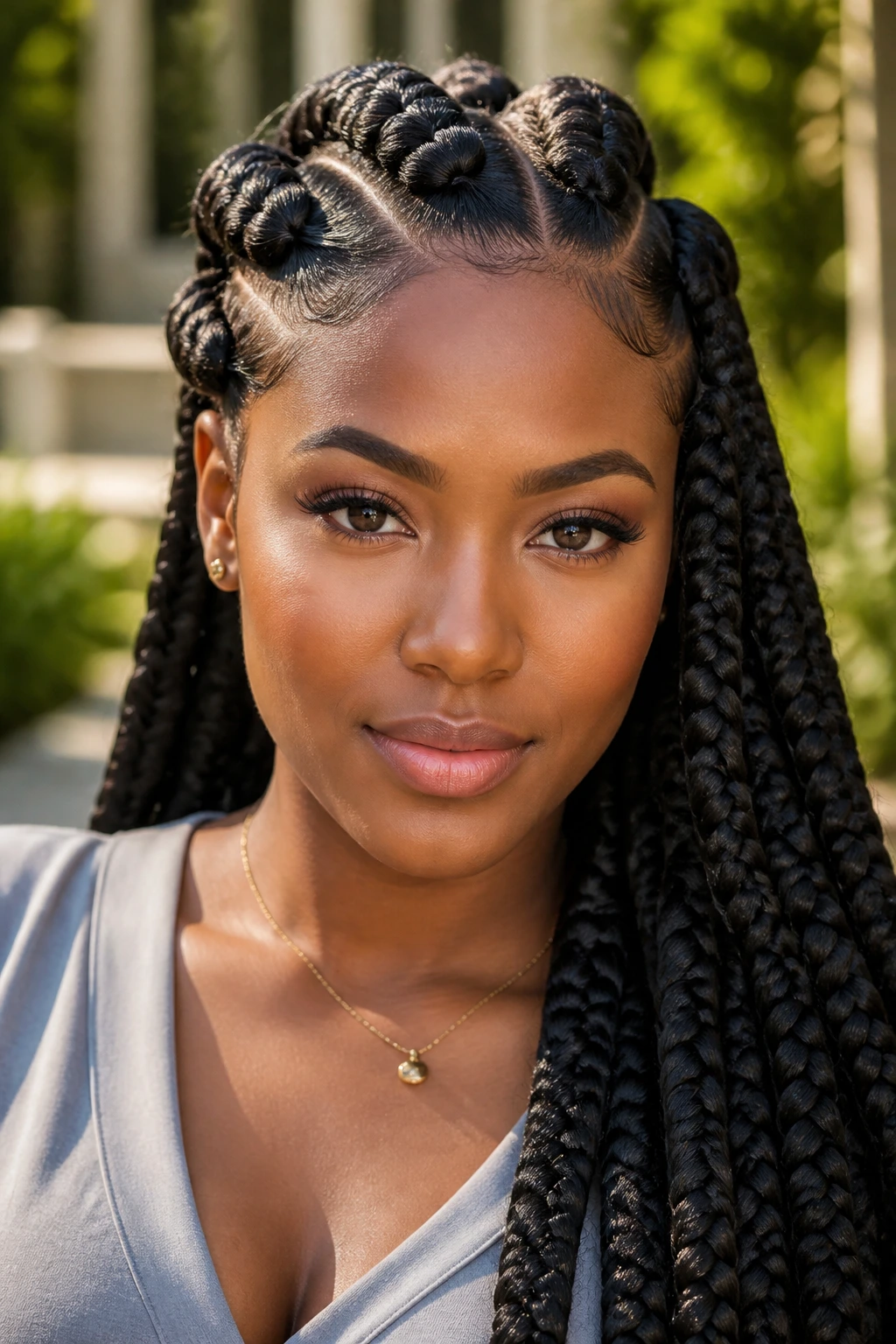 Real person with oversized goddess braids outdoors