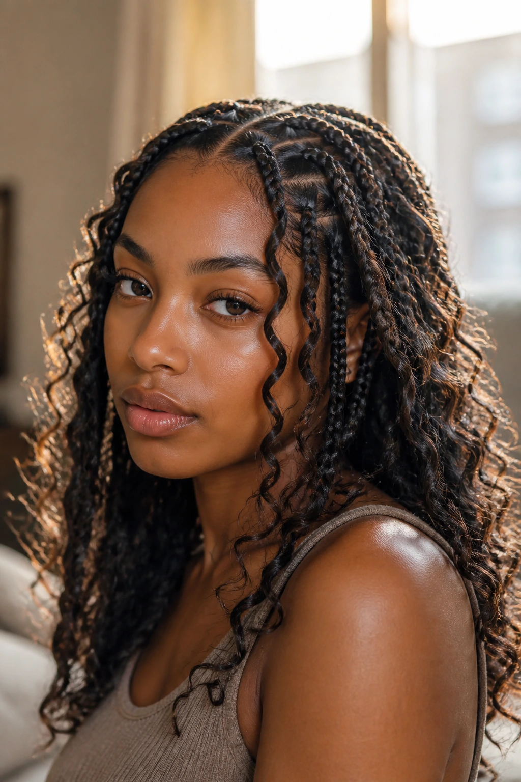 Close-up of goddess braids with curly ends on real person