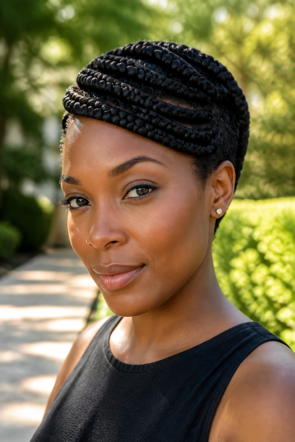 Close-up of a real woman with goddess braids on short natural hair in sunlit garden