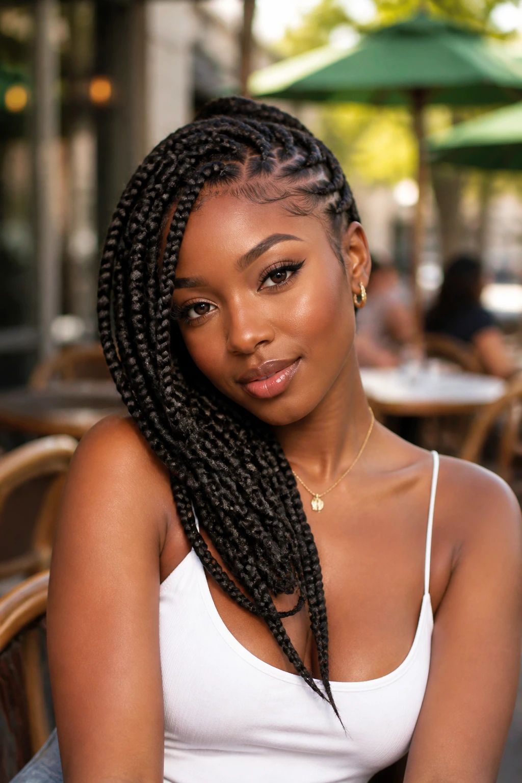 Close-up of a real woman with side-swept goddess braids over one shoulder in an outdoor cafe