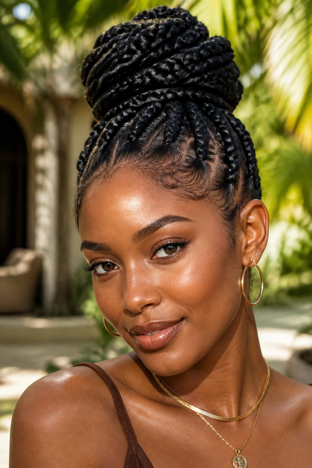 Close-up of real woman with thick goddess braids in an updo, sunlit tropical background