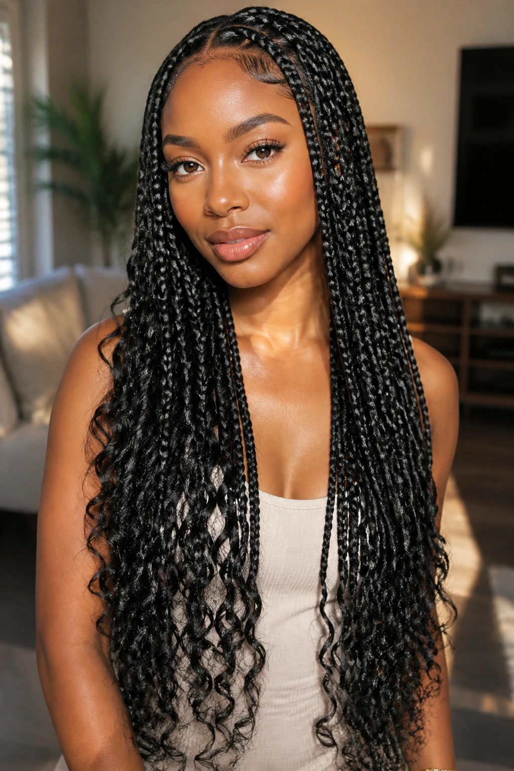 Close-up portrait of a real woman with waist-length goddess braids and soft curls in a sunlit living room