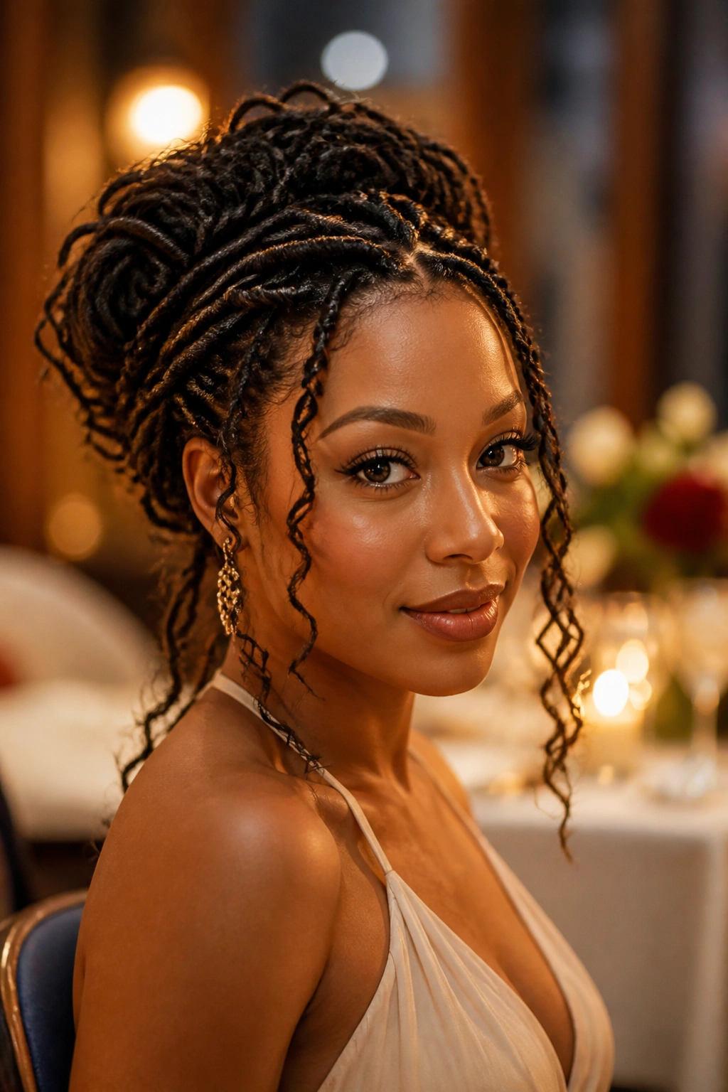 Close-up of a soft goddess crown with curved tendrils framing the face