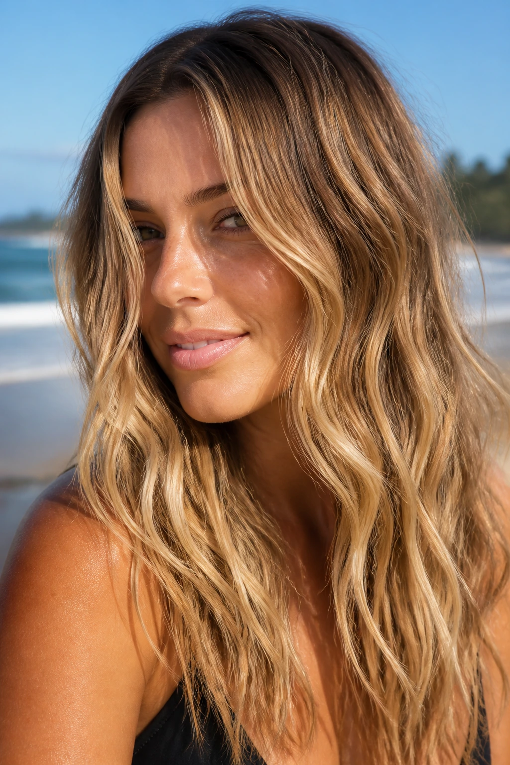 Portrait of a real woman with sun-kissed gold beachy balayage hair.