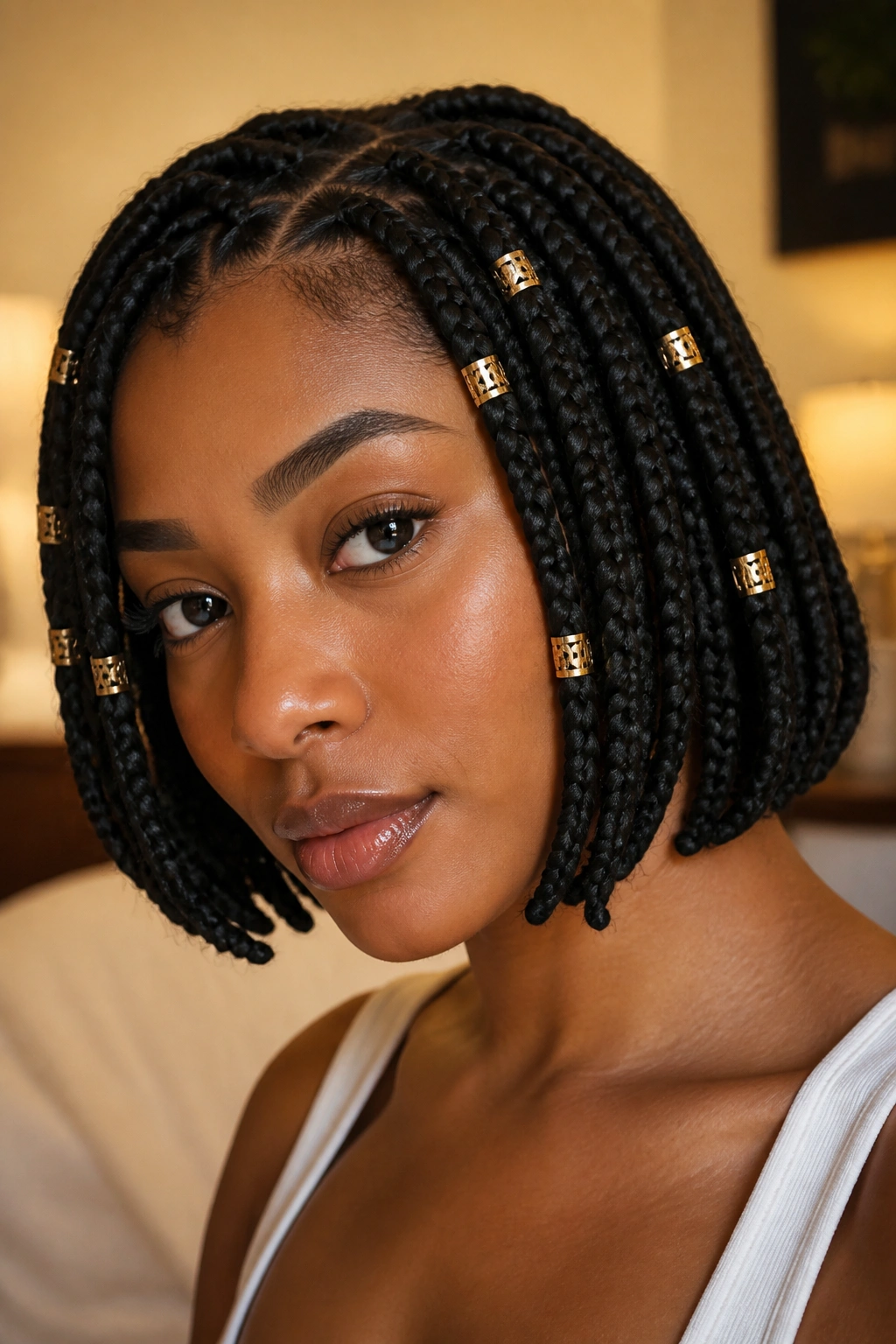 Close-up of real woman with gold-cuff bob braids