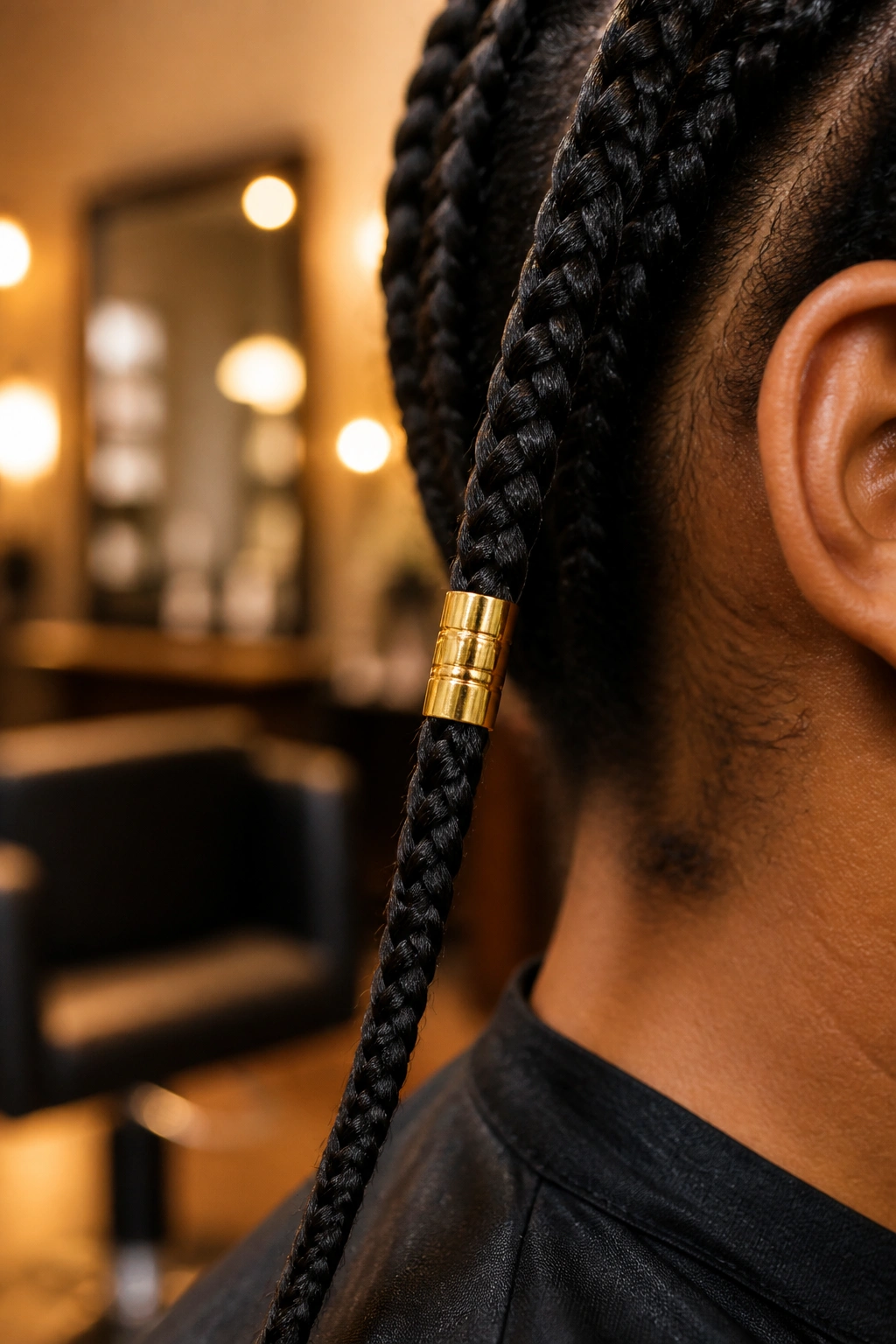 Close-up of a gold tube cuff on a box braid, warm salon lighting highlights the metallic finish