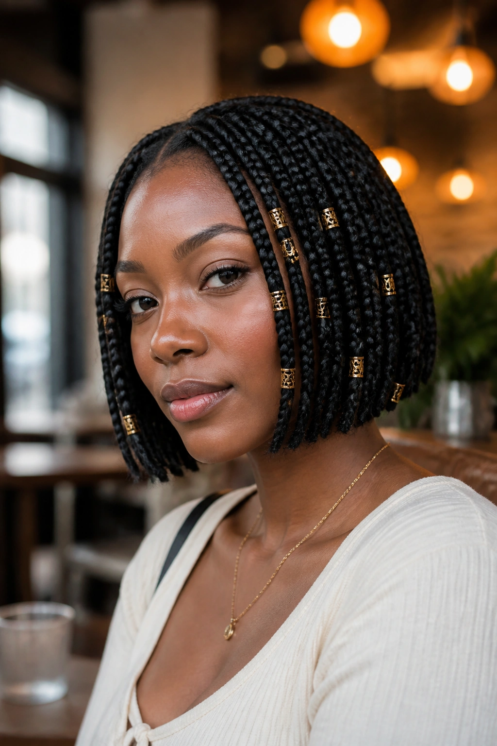 Real woman with short box braids and gold cuffs close-up