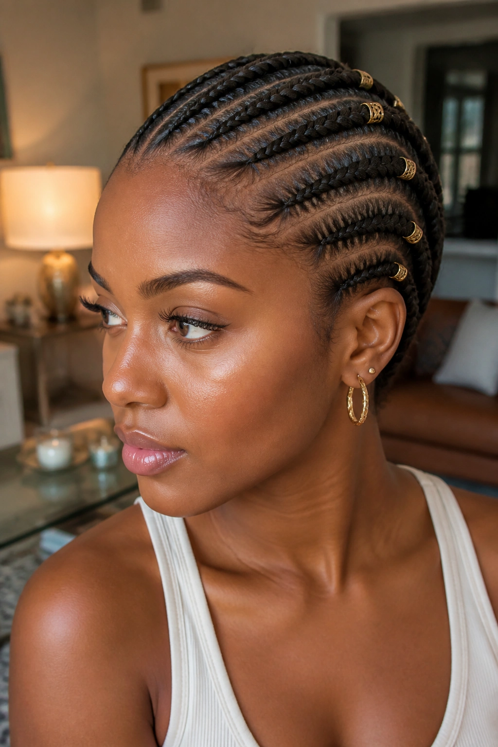 Close-up of straight backs with gold cuffs on braids