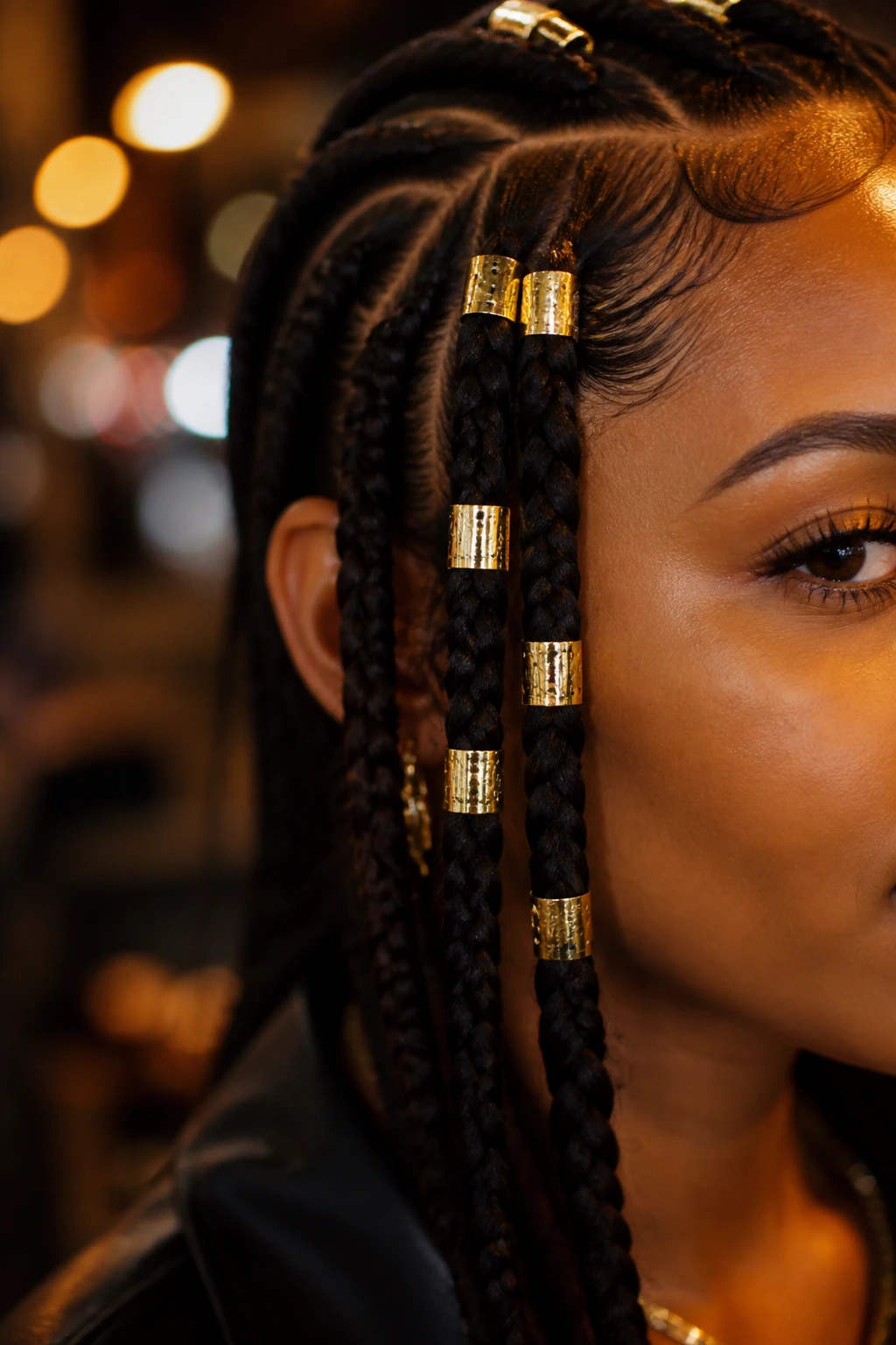 Close-up of gold metallic cuffs on braids near the hairline with city lights in background