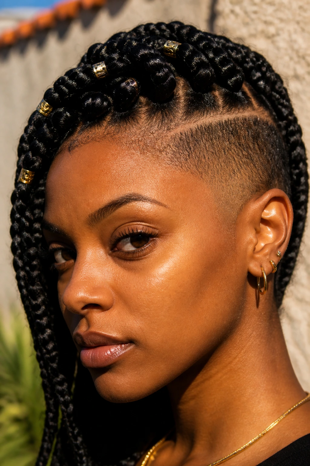Close-up of a real person with gold cuffs on box braids and undercut